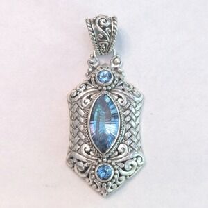 Sarda Sterling Silver 925 Blue Topaz Marquise Filigree Pendant